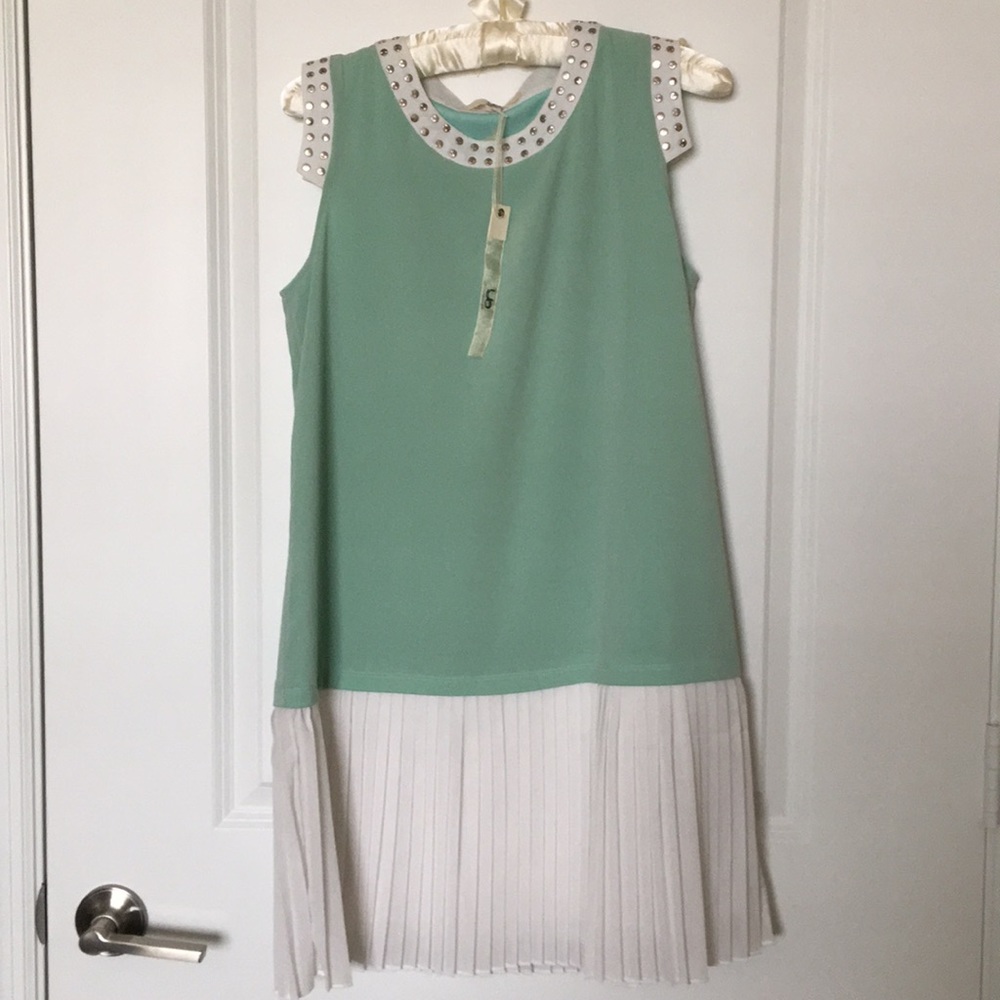 YA Los Angeles Mint Green Studded Pleated Midi Dress Boho Chic Size M